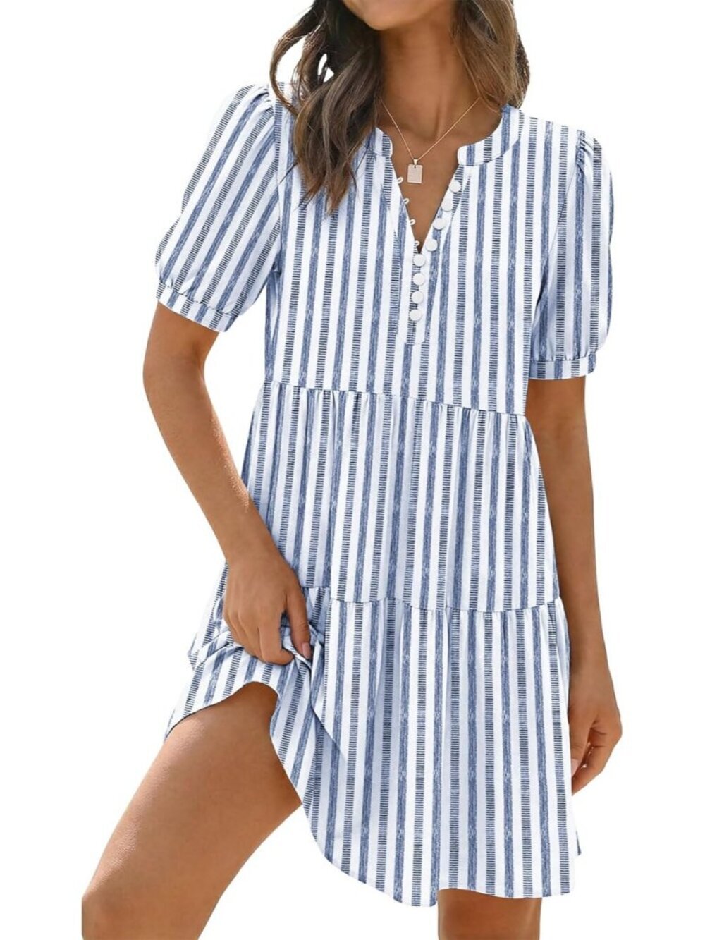 Women's Striped Blue Boho Floral Beach Striped Short Sleeve T-shirt Mini Dress